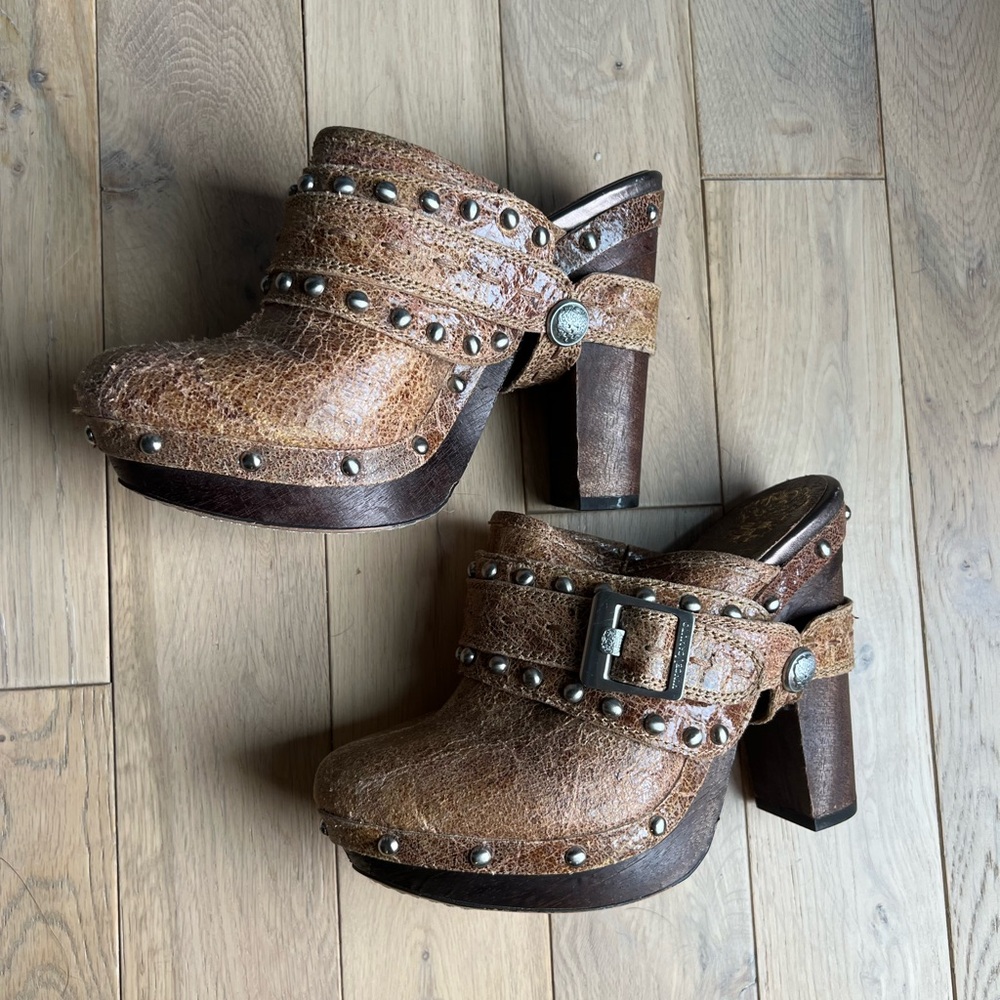 Vince Camuto Brown Leather Studded Clogs with Wooden Heel